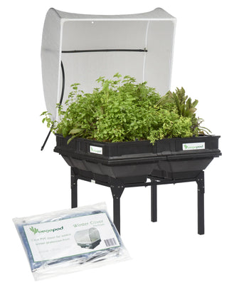 Vegepod Kombi Paket  | Mittelgroßer Containergarten Gemüsebeet Schwarz mit Abdeckung, Standgestell und Winterabdeckung 1m x 1m