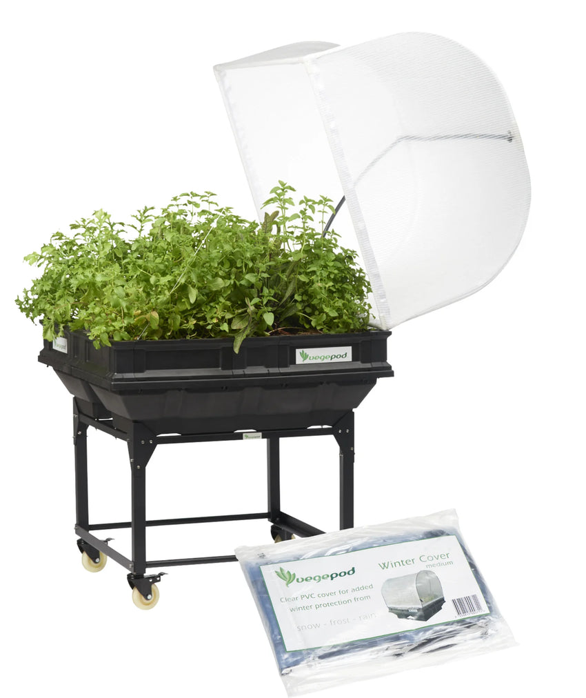 Vegepod Kombi Paket  | Mittelgroßer Containergarten Gemüsebeet Schwarz mit Abdeckung, Rollgestell und Winterabdeckung 1m x 1m