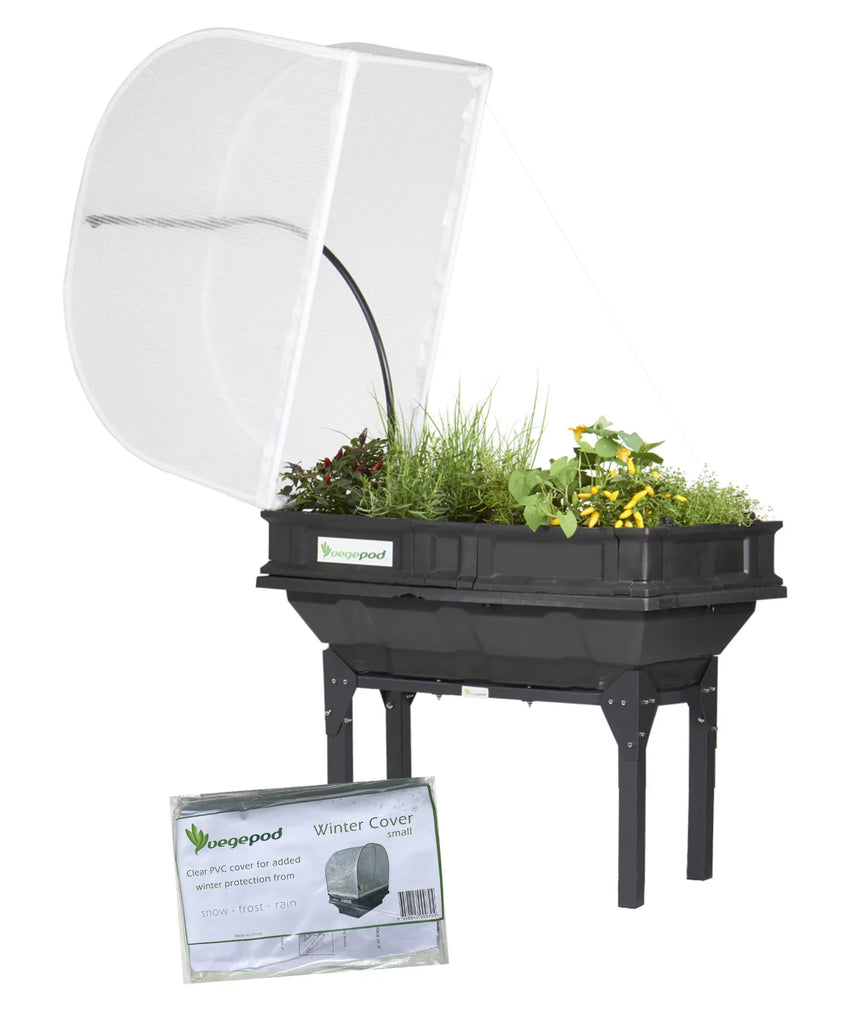 Vegepod Kombi Paket  | Kleiner Containergarten Gemüsebeet Schwarz mit Abdeckung, Standgestell und Winterabdeckung 1m x 0,5m