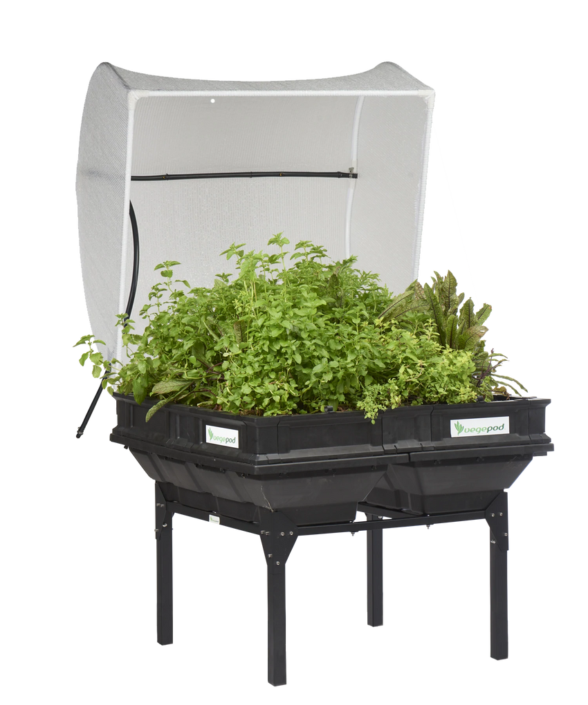 Vegepod Kombi Paket  | Mittelgroßer Containergarten Gemüsebeet Schwarz mit Abdeckung & Standgestell 1m x 1m